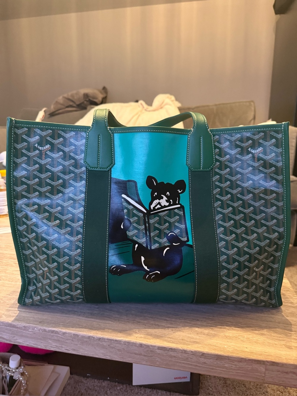 Goyard Villette Green Canvas Tote with Reading Dog Motif